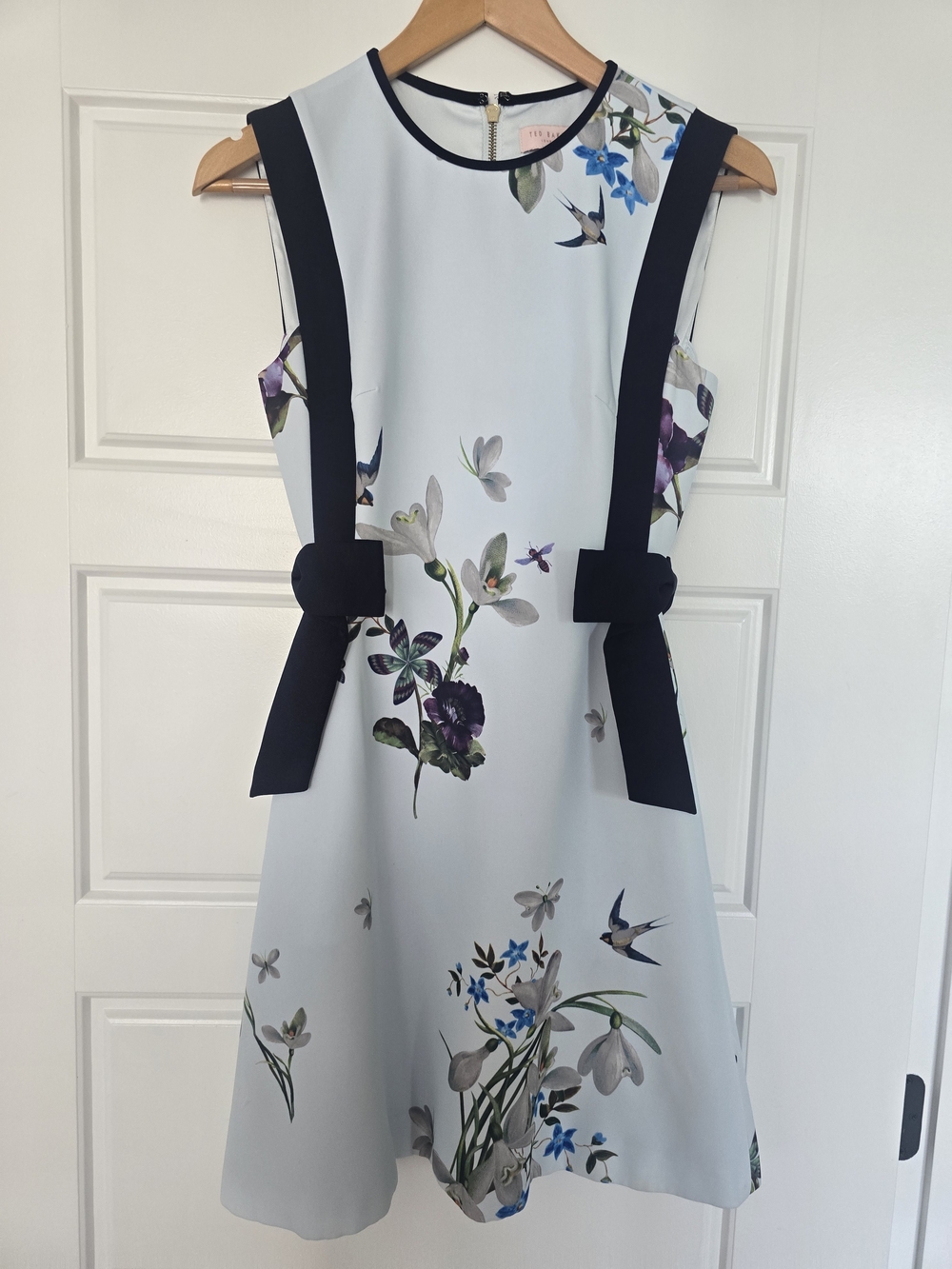 Ted Baker London Pale Blue Floral A-Line Dress with Black Trim